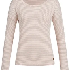 Aiki Damen Strickpullover Longsleeve Streifen Muster Kleine Brusttasche Rosa Weiss