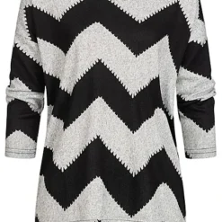 ONLY Damen NOOS 4/5 Arm Shirt Zick-Zack Muster Vokuhila Hell Grau Melange Schwarz