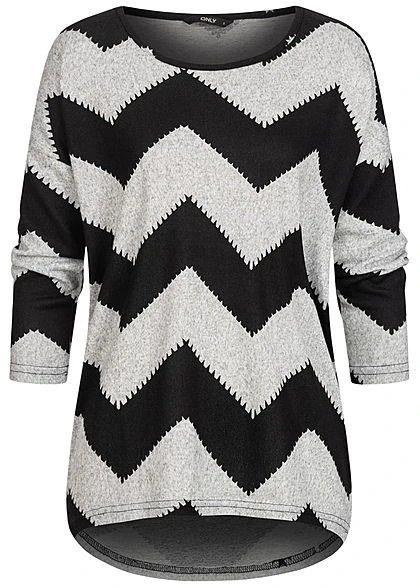 ONLY Damen NOOS 4/5 Arm Shirt Zick-Zack Muster Vokuhila Hell Grau Melange Schwarz 3 ONLY Damen NOOS 4/5 Arm Shirt Zick-Zack Muster Vokuhila Hell Grau Melange Schwarz