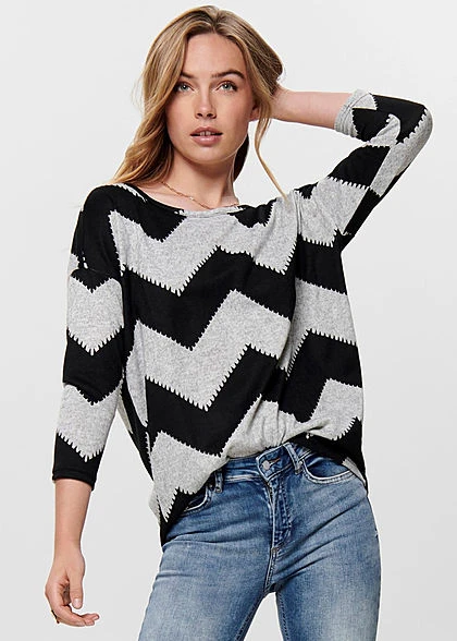 ONLY Damen NOOS 4/5 Arm Shirt Zick-Zack Muster Vokuhila Hell Grau Melange Schwarz 4 ONLY Damen NOOS 4/5 Arm Shirt Zick-Zack Muster Vokuhila Hell Grau Melange Schwarz – Bild 2