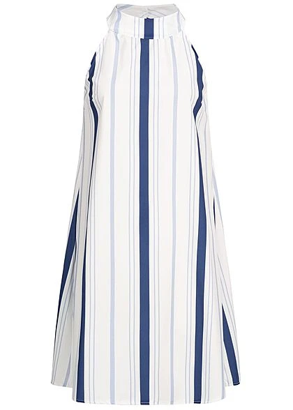 Styleboom Fashion Damen Striped A-Line Choker Dress Weiss Navy Blau 3 Styleboom Fashion Damen Striped A-Line Choker Dress Weiss Navy Blau