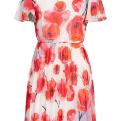 Styleboom Fashion Damen Pleated Chiffon Dress Corn Poppy Print Weiss Rot