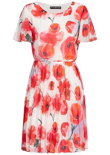 Styleboom Fashion Damen Pleated Chiffon Dress Corn Poppy Print Weiss Rot 3 Styleboom Fashion Damen Pleated Chiffon Dress Corn Poppy Print Weiss Rot