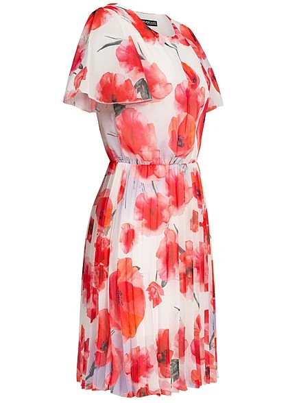 Styleboom Fashion Damen Pleated Chiffon Dress Corn Poppy Print Weiss Rot 4 Styleboom Fashion Damen Pleated Chiffon Dress Corn Poppy Print Weiss Rot – Bild 2