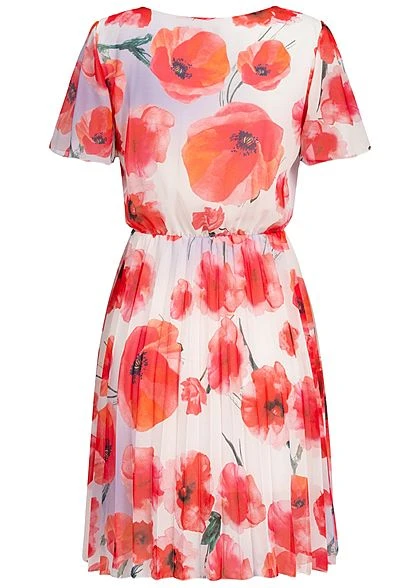 Styleboom Fashion Damen Pleated Chiffon Dress Corn Poppy Print Weiss Rot 5 Styleboom Fashion Damen Pleated Chiffon Dress Corn Poppy Print Weiss Rot – Bild 3