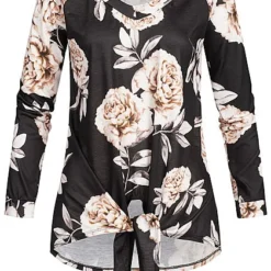Styleboom Fashion Damen V-Neck Longshirt Flower Print Tie Knot Schwarz