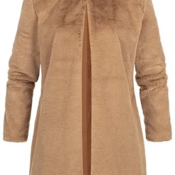 Styleboom Fashion Damen Kunstfell Cardigan 2-Pockets Camel Braun