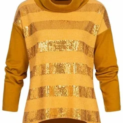 Styleboom Fashion Damen Rollkragen Pullover Pailletten Streifen Senf Gelb