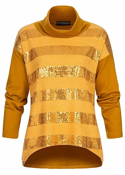 Styleboom Fashion Damen Rollkragen Pullover Pailletten Streifen Senf Gelb 3 Styleboom Fashion Damen Rollkragen Pullover Pailletten Streifen Senf Gelb