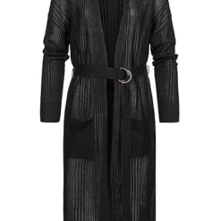 Zabaione Damen Long Cardigan 2-Pockets Inkl. Bindegürtel Schlitz Seitlich Schwarz