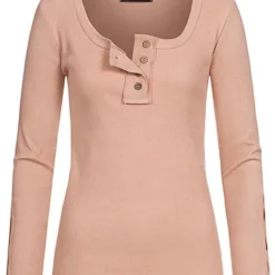 Styleboom Fashion Damen Ribbed Longsleeve Knopfleiste Old Rosa