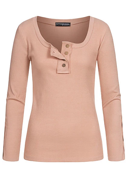 Styleboom Fashion Damen Ribbed Longsleeve Knopfleiste Old Rosa 3 Styleboom Fashion Damen Ribbed Longsleeve Knopfleiste Old Rosa