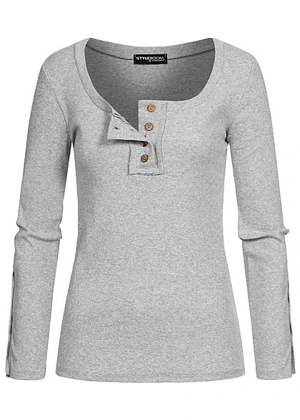 Styleboom Fashion Damen Ribbed Longsleeve Knopfleiste Hell Grau 3 Styleboom Fashion Damen Ribbed Longsleeve Knopfleiste Hell Grau