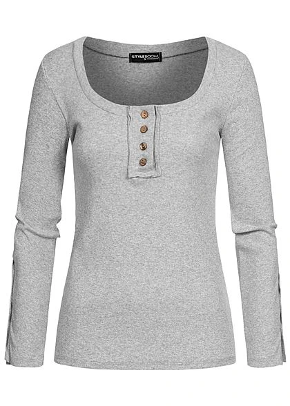 Styleboom Fashion Damen Ribbed Longsleeve Knopfleiste Hell Grau 4 Styleboom Fashion Damen Ribbed Longsleeve Knopfleiste Hell Grau – Bild 2