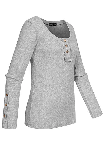 Styleboom Fashion Damen Ribbed Longsleeve Knopfleiste Hell Grau 5 Styleboom Fashion Damen Ribbed Longsleeve Knopfleiste Hell Grau – Bild 3