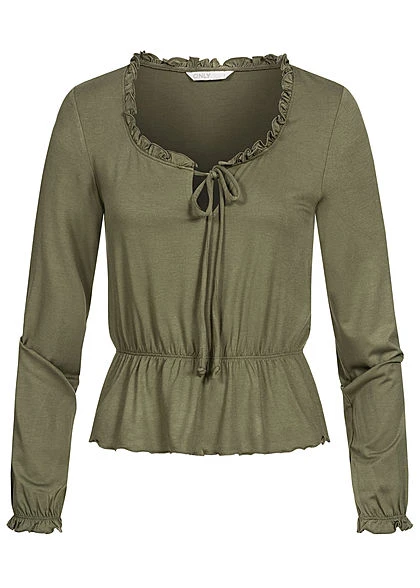 ONLY Damen Cropped Longsleeve Schnürausschnitt Kalamata Oliv Grün 3 ONLY Damen Cropped Longsleeve Schnürausschnitt Kalamata Oliv Grün