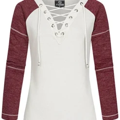 Styleboom Fashion Damen 2-Tone Struktur Longsleeve Schnürausschnitt Weiss Rot