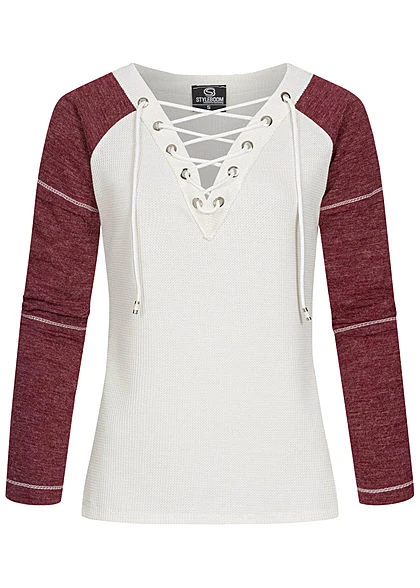 Styleboom Fashion Damen 2-Tone Struktur Longsleeve Schnürausschnitt Weiss Rot 3 Styleboom Fashion Damen 2-Tone Struktur Longsleeve Schnürausschnitt Weiss Rot