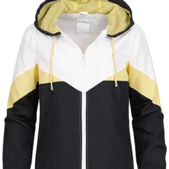 Seventyseven Lifestyle Damen Colorblock Windjacke Kapuze 2-Pockets Gelb Schwarz Weiss