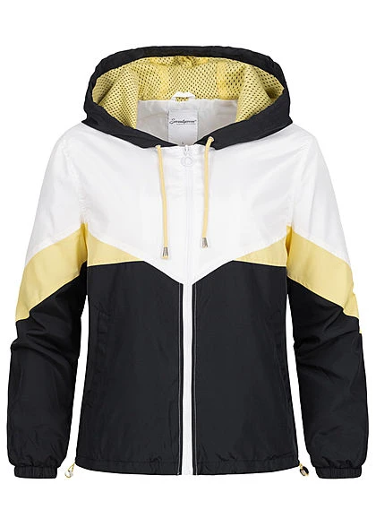 Seventyseven Lifestyle Damen Colorblock Windjacke Kapuze 2-Pockets Gelb Schwarz Weiss 4 Seventyseven Lifestyle Damen Colorblock Windjacke Kapuze 2-Pockets Gelb Schwarz Weiss – Bild 2