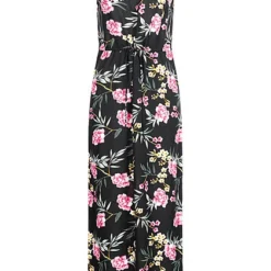 Vero Moda Damen V-Neck Maxi Kleid Schlitz Seitlich Tropical Print Schwarz Mc