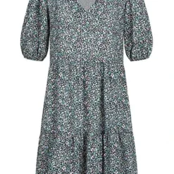 Hailys Damen 1/2-Arm V-Neck Puffer Kleid Blumen Muster Schwarz Multicolor