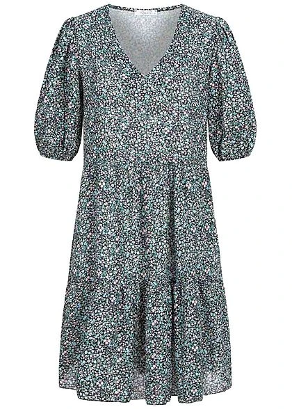Hailys Damen 1/2-Arm V-Neck Puffer Kleid Blumen Muster Schwarz Multicolor 3 Hailys Damen 1/2-Arm V-Neck Puffer Kleid Blumen Muster Schwarz Multicolor