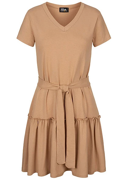 Fresh Lemons Damen V-Neck Mini Puffer Kleid Bindegürtel Inkl. Camel Beige Braun 3 Fresh Lemons Damen V-Neck Mini Puffer Kleid Bindegürtel Inkl. Camel Beige Braun
