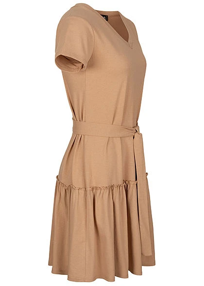 Fresh Lemons Damen V-Neck Mini Puffer Kleid Bindegürtel Inkl. Camel Beige Braun 4 Fresh Lemons Damen V-Neck Mini Puffer Kleid Bindegürtel Inkl. Camel Beige Braun – Bild 2