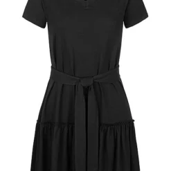 Fresh Lemons Damen V-Neck Mini Puffer Kleid Bindegürtel Inkl. Schwarz