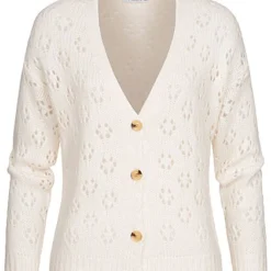 Hailys Damen V-Neck Lochstrick Cardigan Knopfleiste Cream Weiss