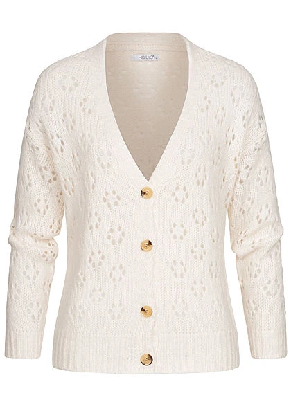 Hailys Damen V-Neck Lochstrick Cardigan Knopfleiste Cream Weiss 3 Hailys Damen V-Neck Lochstrick Cardigan Knopfleiste Cream Weiss