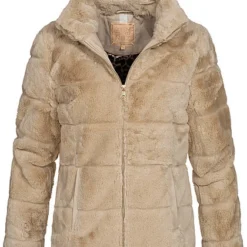 Zabaione Damen Kurze Kunstfell Jacke In Querstreifenoptik 2-Pockets Hell Braun Beige