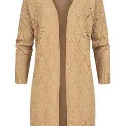 Styleboom Fashion Damen Longform Strickcardigan Rauten Muster Camel Braun