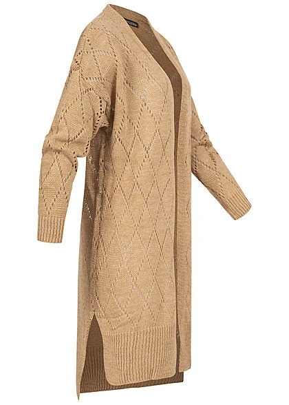 Styleboom Fashion Damen Longform Strickcardigan Rauten Muster Camel Braun 4 Styleboom Fashion Damen Longform Strickcardigan Rauten Muster Camel Braun – Bild 2