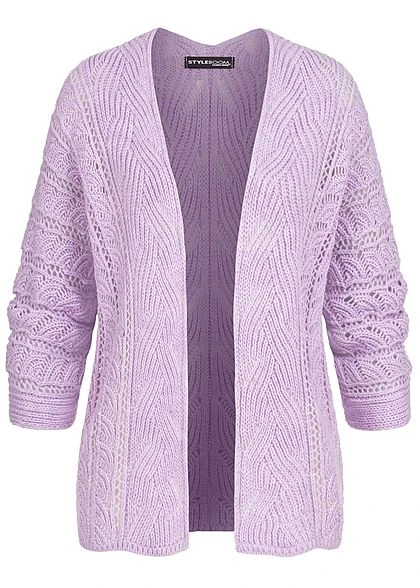Styleboom Fashion Damen Strickcardigan Lochmuster Rückenausschnitt Lila 3 Styleboom Fashion Damen Strickcardigan Lochmuster Rückenausschnitt Lila