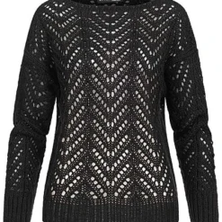 Styleboom Fashion Damen Grobstrickpullover U-Boot Ausschnitt Schwarz