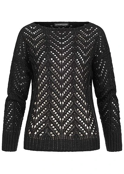 Styleboom Fashion Damen Grobstrickpullover U-Boot Ausschnitt Schwarz 3 Styleboom Fashion Damen Grobstrickpullover U-Boot Ausschnitt Schwarz