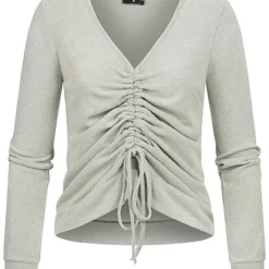 Styleboom Fashion Damen V-Neck Soft Touch Pullover Schnürung Vorne Jade Grün