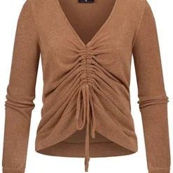 Styleboom Fashion Damen V-Neck Soft Touch Pullover Schnürung Vorne Camel Braun
