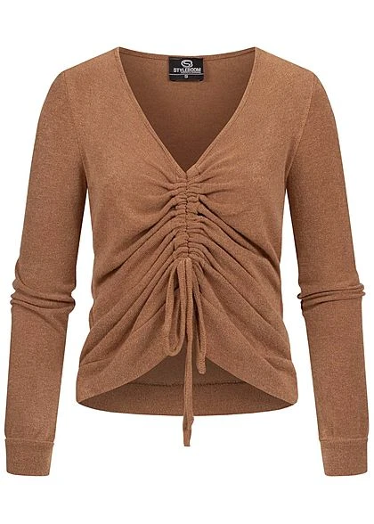 Styleboom Fashion Damen V-Neck Soft Touch Pullover Schnürung Vorne Camel Braun 3 Styleboom Fashion Damen V-Neck Soft Touch Pullover Schnürung Vorne Camel Braun