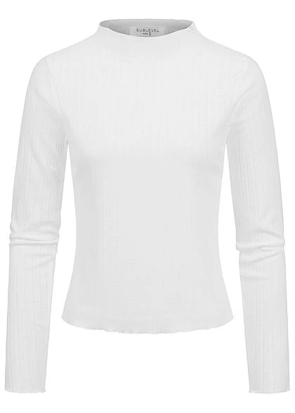 Sublevel Damen Ribbed Frill Longsleeve Pullover High-Neck Off Weiss 3 Sublevel Damen Ribbed Frill Longsleeve Pullover High-Neck Off Weiss