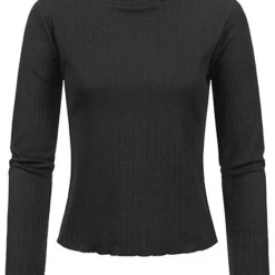 Sublevel Damen Ribbed Frill Longsleeve Pullover High-Neck Schwarz