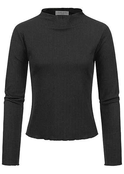 Sublevel Damen Ribbed Frill Longsleeve Pullover High-Neck Schwarz 3 Sublevel Damen Ribbed Frill Longsleeve Pullover High-Neck Schwarz