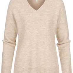 Tom Tailor Damen Nice Cosy V-Neck Strickpullover Lockerer Schnitt Cozy Beige Melange
