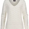Styleboom Fashion Damen V-Neck Strickpullover Arrow Lochmuster Off Weiss