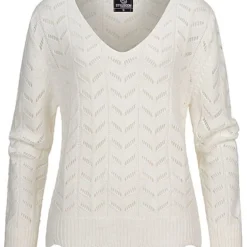 Styleboom Fashion Damen V-Neck Strickpullover Arrow Lochmuster Off Weiss