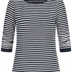 Tom Tailor Damen 3/4 Arm Flechtstruktur Pullover Streifen Muster Blau Beige