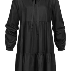 Tom Tailor Damen Babydoll Puffer Kleid Mit Bindeschleife Am Kragen Deep Schwarz
