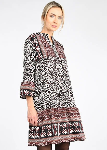 Fresh Lemons Damen 3/4 Arm V-Neck Puffer Kleid AOP Leo Print Cream Beige Braun 3 Fresh Lemons Damen 3/4 Arm V-Neck Puffer Kleid AOP Leo Print Cream Beige Braun